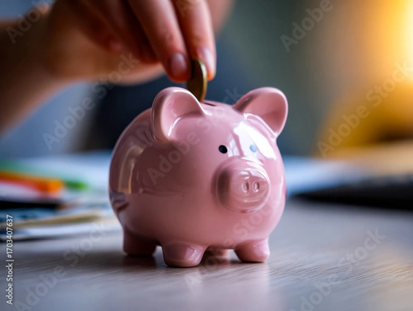 Fototapeta Person inserting a coin into a pink piggy bank on a desk