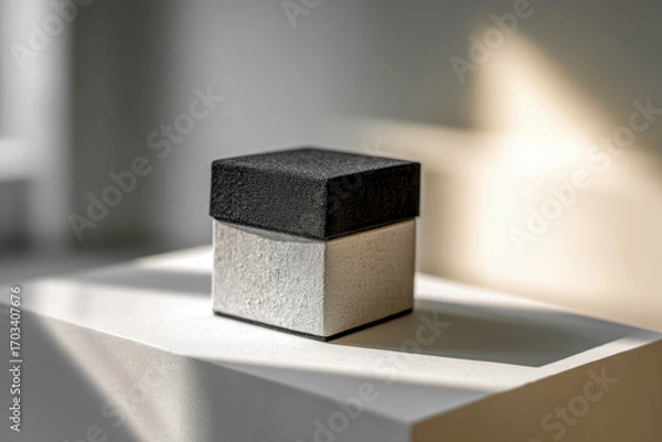 Fototapeta Minimalist black and white textured fabric gift box placed on a white surface with soft natural lighting and blurred background creating elegant shadows and depth