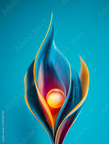 Fototapeta Abstract digital art featuring colorful flowing shapes with a glowing sphere against a blue background