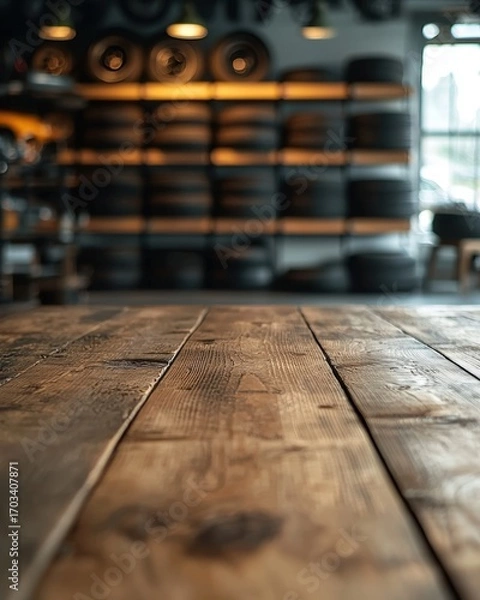 Fototapeta Rustic wooden tabletop in a cozy workshop or garage setting