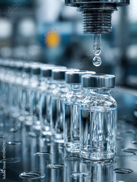 Fototapeta Precision manufacturing of pharmaceutical glass vials in a high-tech laboratory setting with a close-up focus on the filling process and sterile environment