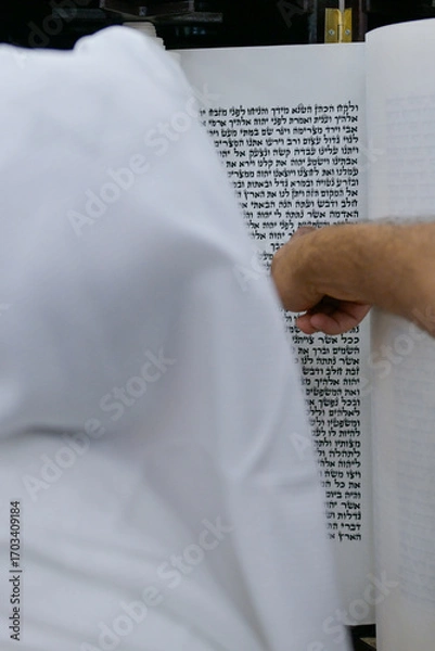 Obraz A bar mitzvah boy reading from the Torah scroll in a synagogue.