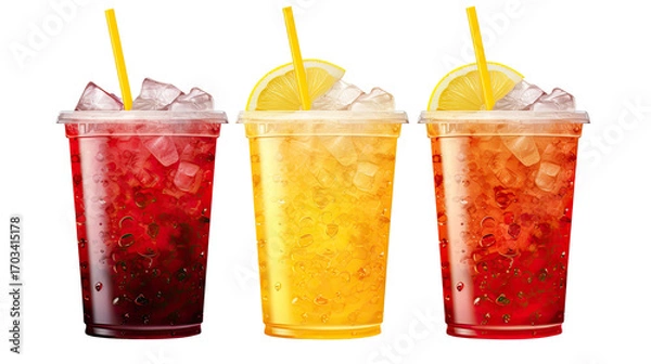 Fototapeta Title: Three Cold Drinks with Dome Lids and Straws Isolated on White Background