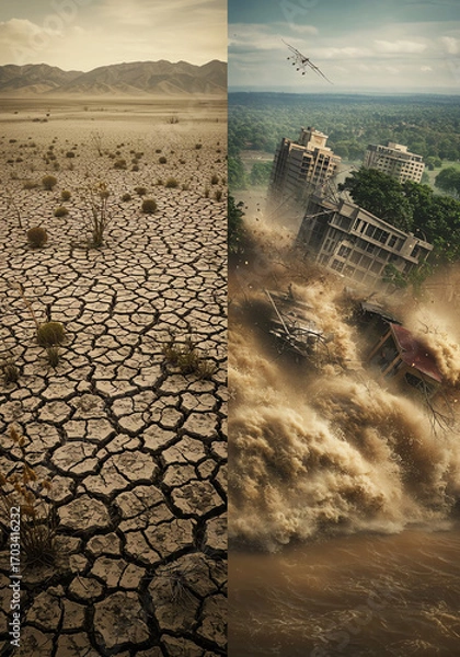 Fototapeta Desolate landscape transitions to flood destroying urban environment