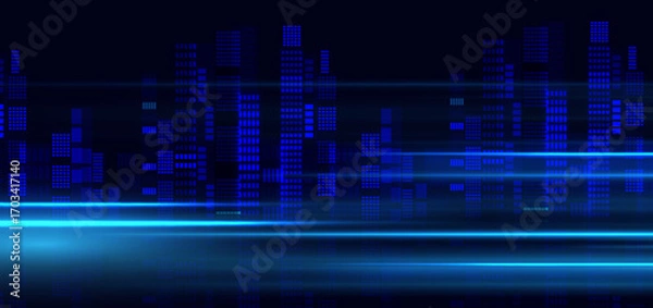Fototapeta Nigth cityscape glowing blue panoramic on dark background. Futuristic cityscape with speed lines light.