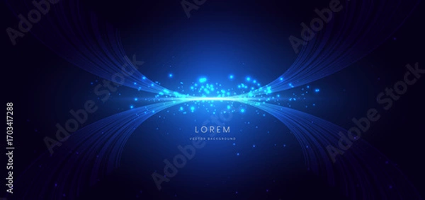 Fototapeta Blue glowing curve lines with lighting effect and sparkle on dark blue background.