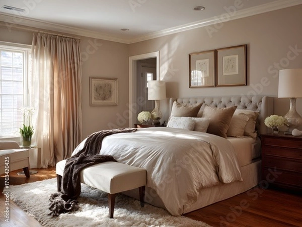 Obraz Elegant bedroom with neutral walls, uncluttered nightstands