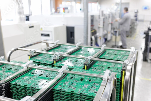 Fototapeta PCB panels in antistatic rack on high speed SMT assembly line