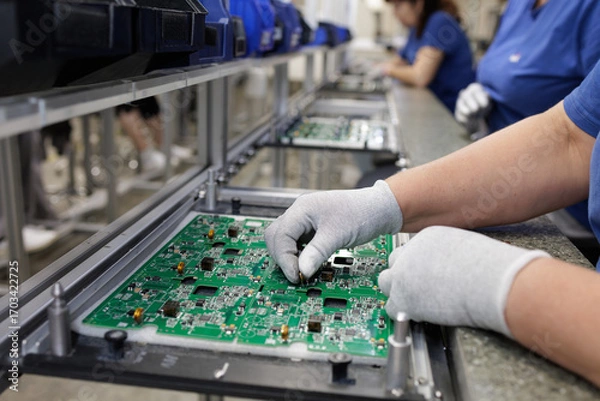 Fototapeta Gloved technician assembling PCB on modern SMT production line