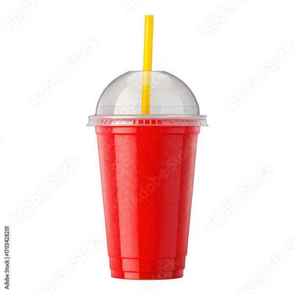 Obraz Vibrant red slushy beverage in clear plastic cup with yellow straw refreshing drink