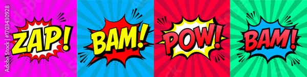 Obraz Comic Book Sound Effect Panels – ZAP BAM POW Pop Art Vector Set Colorful Comic Onomatopoeia – Action Words in Retro Pop Style