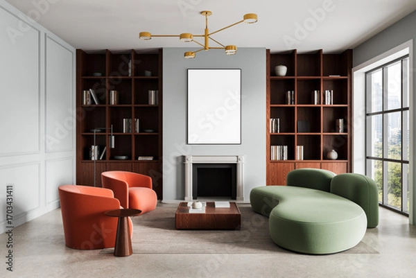 Fototapeta Modern interior living room with poster mockup on wall, elegant furniture and large window view in daylight setting, cozy and stylish design scene. 3D Rendering