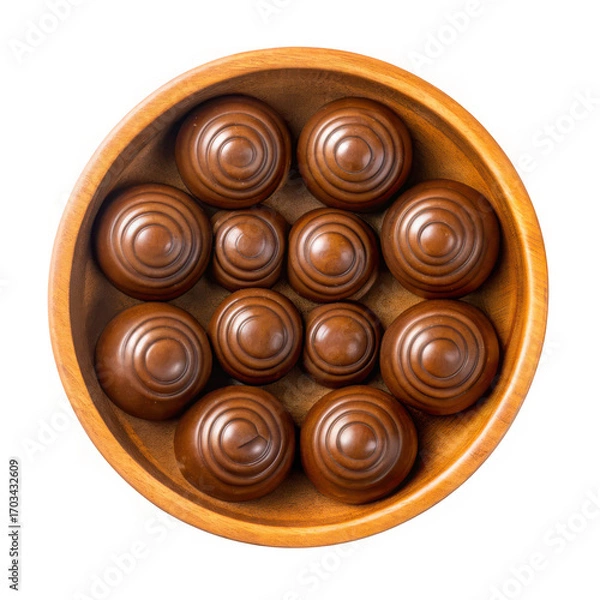 Obraz Overhead view of a wooden bowl brimming with glossy round textured game pieces
