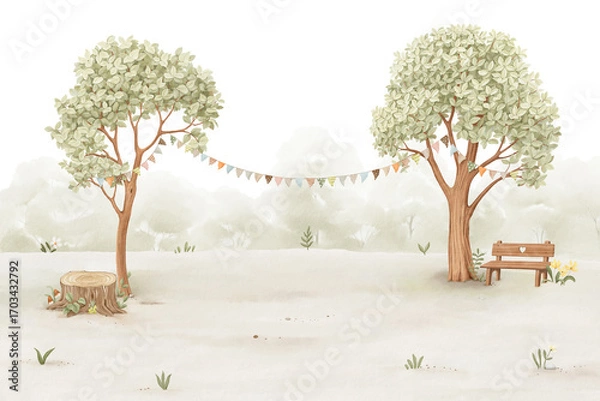 Obraz Cute watercolor landscape with green trees decorated with garland of flags, lawn with bench and beautiful big tree stump. Hand-drawn template for your cartoon wallpaper design, mural or background.