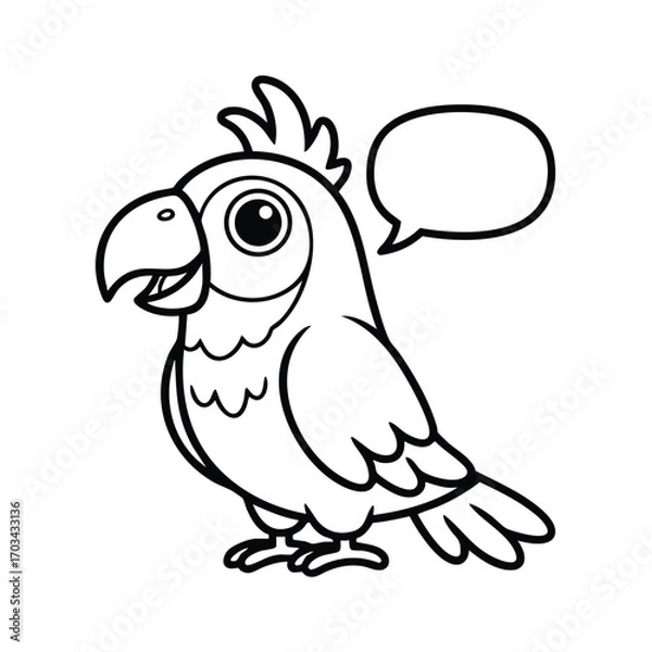 Fototapeta Black and white line art illustration of a cartoon parrot with a speech bubble on a plain background