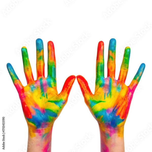 Obraz Colorful hands covered in vibrant multicolored paint splatter fun and creativity