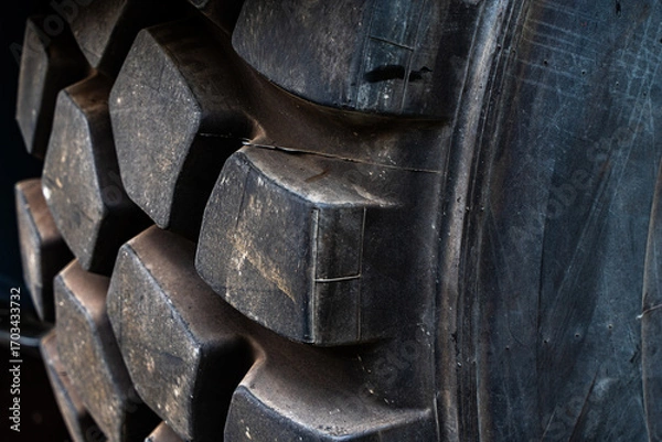 Fototapeta Close-up. Tractor or dump truck tire tread. Wheels for large machines.