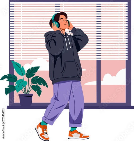 Fototapeta Illustration of a teenager with earphones enjoying music at home, walking leisurely in front of the window. Young listening to music with headphones in front of the window in a relaxed atmosphere.