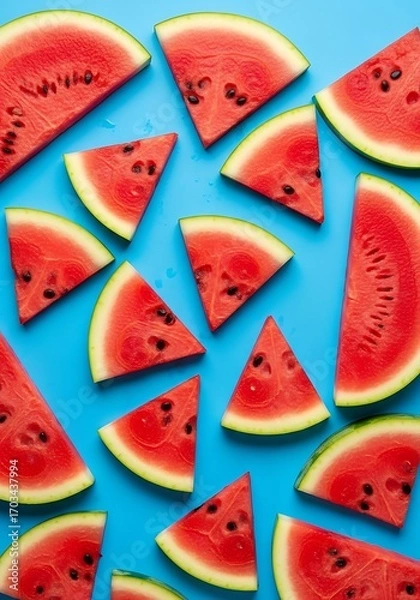Fototapeta Watermelon Slices on Azure Backdrop Refreshing Summertime Delight