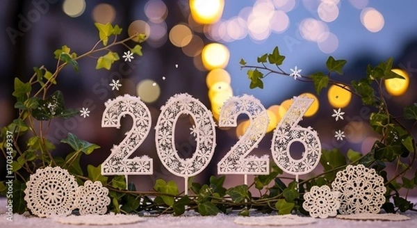 Fototapeta Sparkling 2026 numbers with festive bokeh lights
