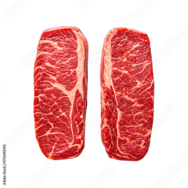 Obraz Two delicious slices of marbled raw steak ready for cooking perfection