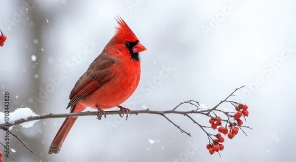 Fototapeta Stunning male cardinal perched on snow-dusted branch with vibrant red berries, capturing the serene beauty of a winter wonderland with falling snowflakes.