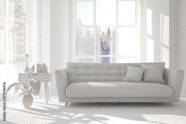 Fototapeta Idea of white room with sofa. Scandinavian interior design. 3D illustration