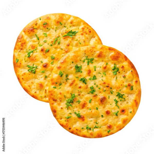 Obraz Delicious golden brown fluffy flatbread topped with herbs and spices ready to eat