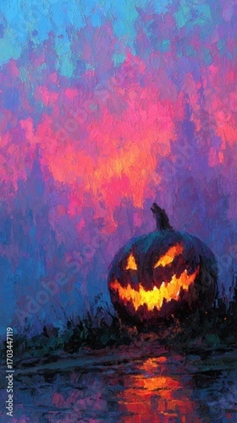 Fototapeta Glowing Jack-o'-Lantern Painting under Vibrant Sky