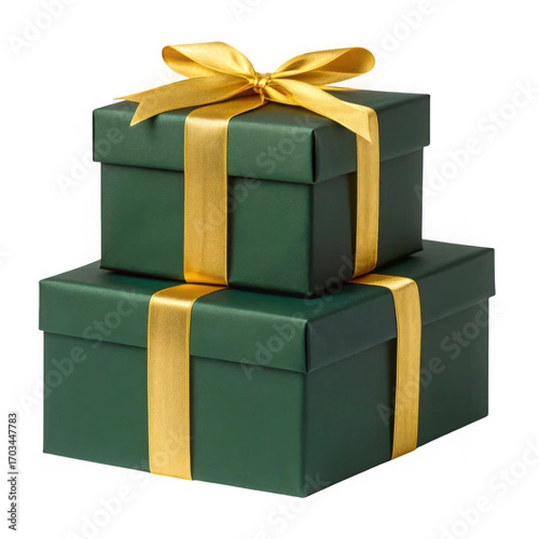 Obraz Elegant dark green gift boxes stacked with shiny gold ribbon perfect for any occasion