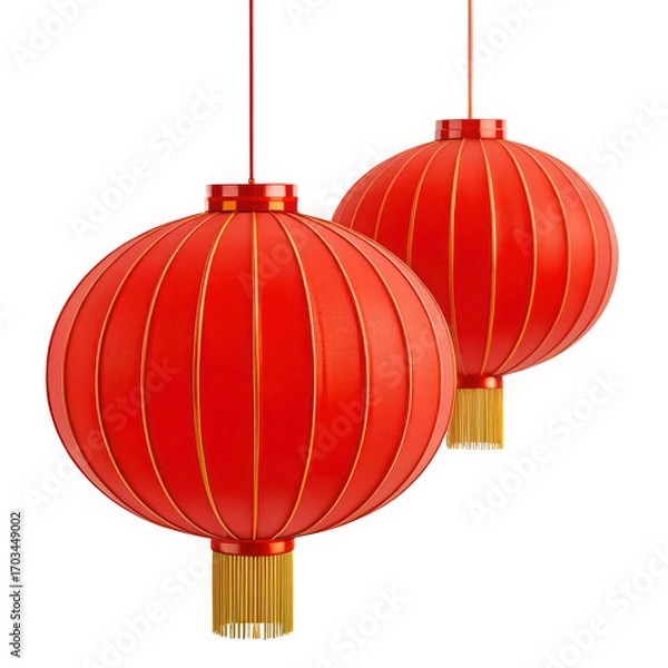 Obraz Two vibrant traditional red chinese lanterns with golden tassels suspended for festive celebration