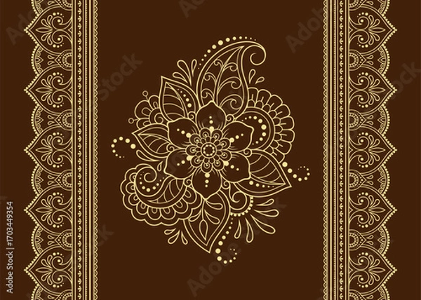 Fototapeta Seamless pattern of mehndi flower and border for Henna drawing and tattoo. Decorative doodle ornament in ethnic oriental, Indian style. Outline hand draw vector illustration.