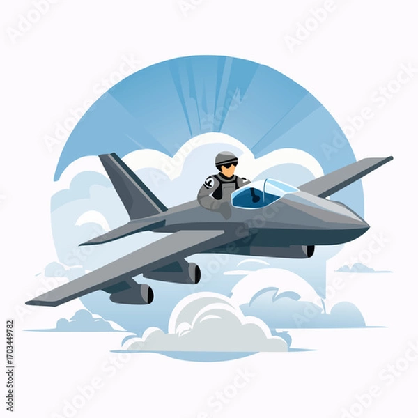 Fototapeta Stylized vector illustration of a military pilot flying a modern fighter jet plane through the sky with clouds and sun rays