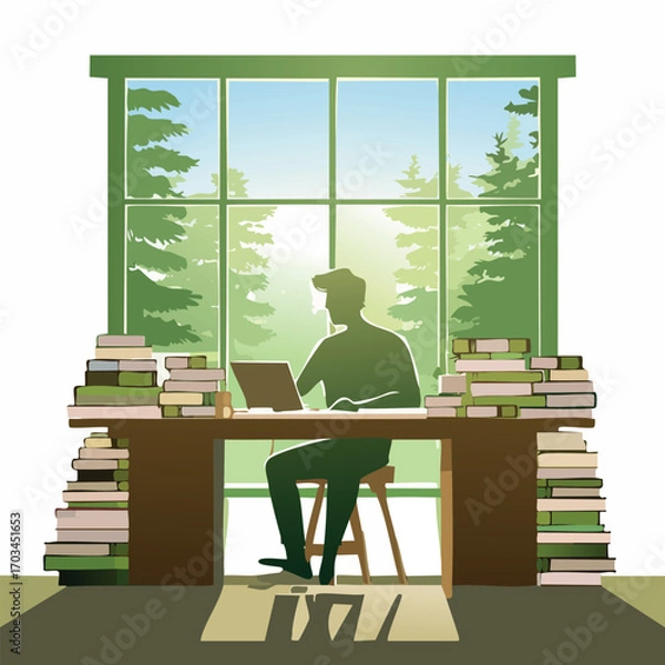 Fototapeta Silhouette of a person working on a laptop at a desk piled with books, with a large window overlooking a forest.