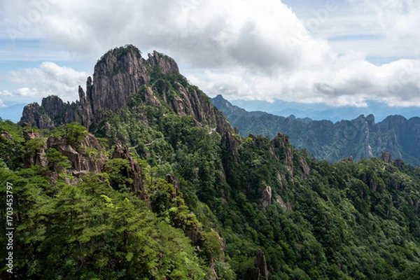 Obraz Beautiful view on the trail of Mount Huangshan, gorgeous rocks and strange pine in the mountain, in Anhui Province, China.