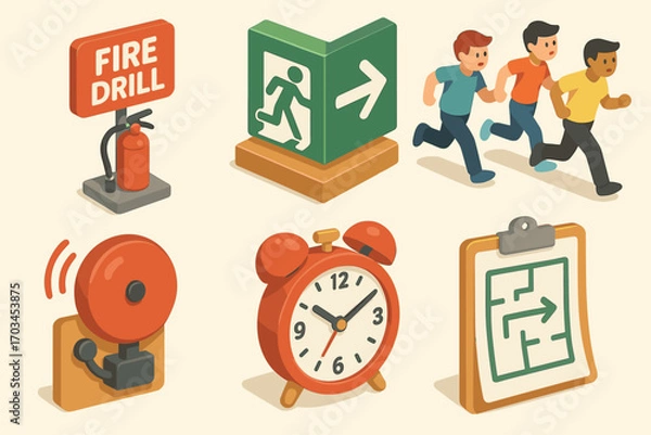 Obraz Fire drill safety icons: alarm, evacuation, escape, fire extinguisher, clock