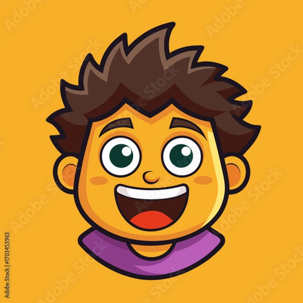 Fototapeta Joyful cartoon boy avatar with big eyes and open mouth smiling brightly on orange background