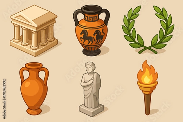 Obraz Ancient greek symbols: amphorae laurel wreath torch temple statue