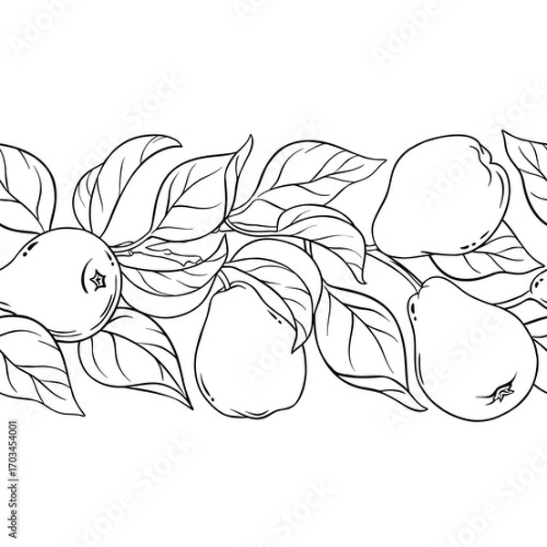 Fototapeta Pear Branch with Flowers, Fruits and Leaves Outline Horizontal Seamless Pattern. Organic natural nutritional healthy food ingredient, vegetarian diet product. Vector isolated for design or decoration.
