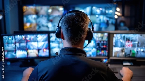 Fototapeta A security professional monitors multiple surveillance screens in a control room, wearing a headset and focusing on live video feeds