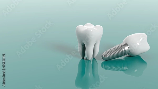 Fototapeta Teeth isolated on green background. 3d illustration