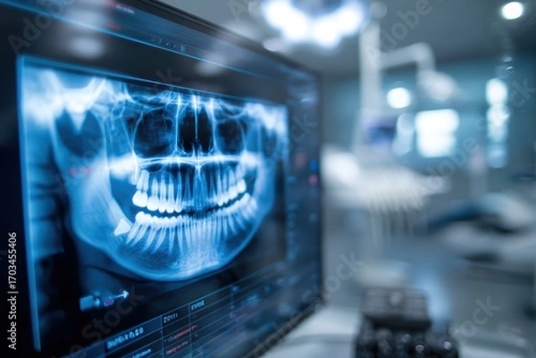 Fototapeta A dental X-ray image displayed on a computer monitor in a modern, high-tech dental clinic environment