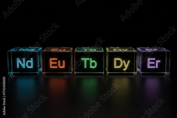 Fototapeta Glass cubes containing glowing rare earth elements symbols, representing technological innovation and scientific advancement