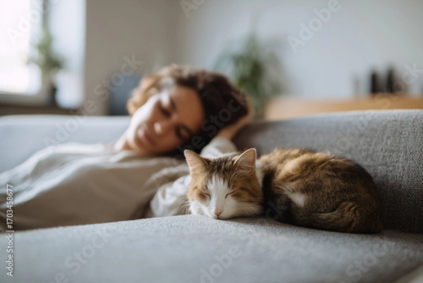 Obraz Woman napping with cat on sofa