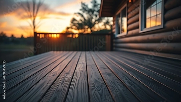 Fototapeta Wooden deck at twilight with a warm ambient glow and serene atmosphere.
