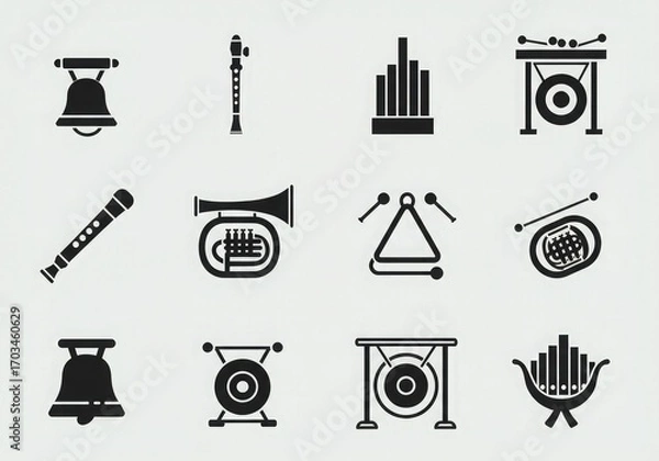 Obraz A collection of twelve black and white icons representing various musical instruments.