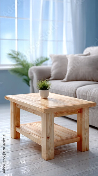 Fototapeta Minimalist Scandinavian living room with light wooden coffee table, small potted plant on top, neutral sofa and soft natural light creating calm cozy atmosphere