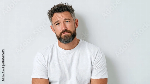 Fototapeta Bearded man wearing white t shirt sits alone against light wall with contemplative expression, conveying quiet introspection and calm emotion