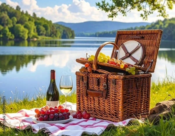 Fototapeta Idyllic picnic scene with wine, grapes, and a wicker basket near a serene lake