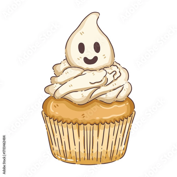 Fototapeta Cute Ghost Cupcake with Swirled Icing and Friendly Face